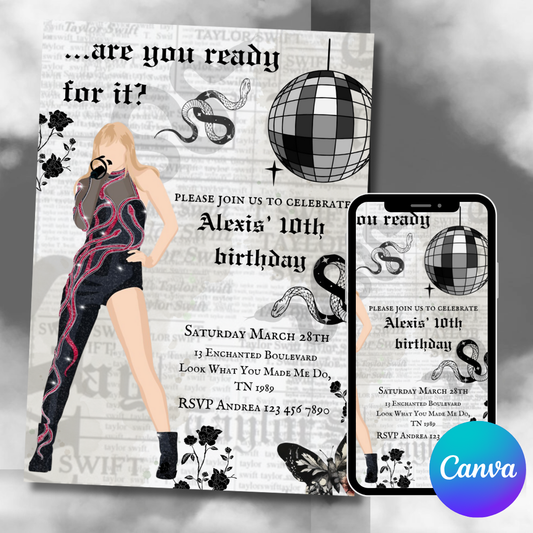 Reputation Era Inspired by Taylor Swift Adult Teens Tweens Birthday party Invitation Canva template Printable editable customizable Digital Download